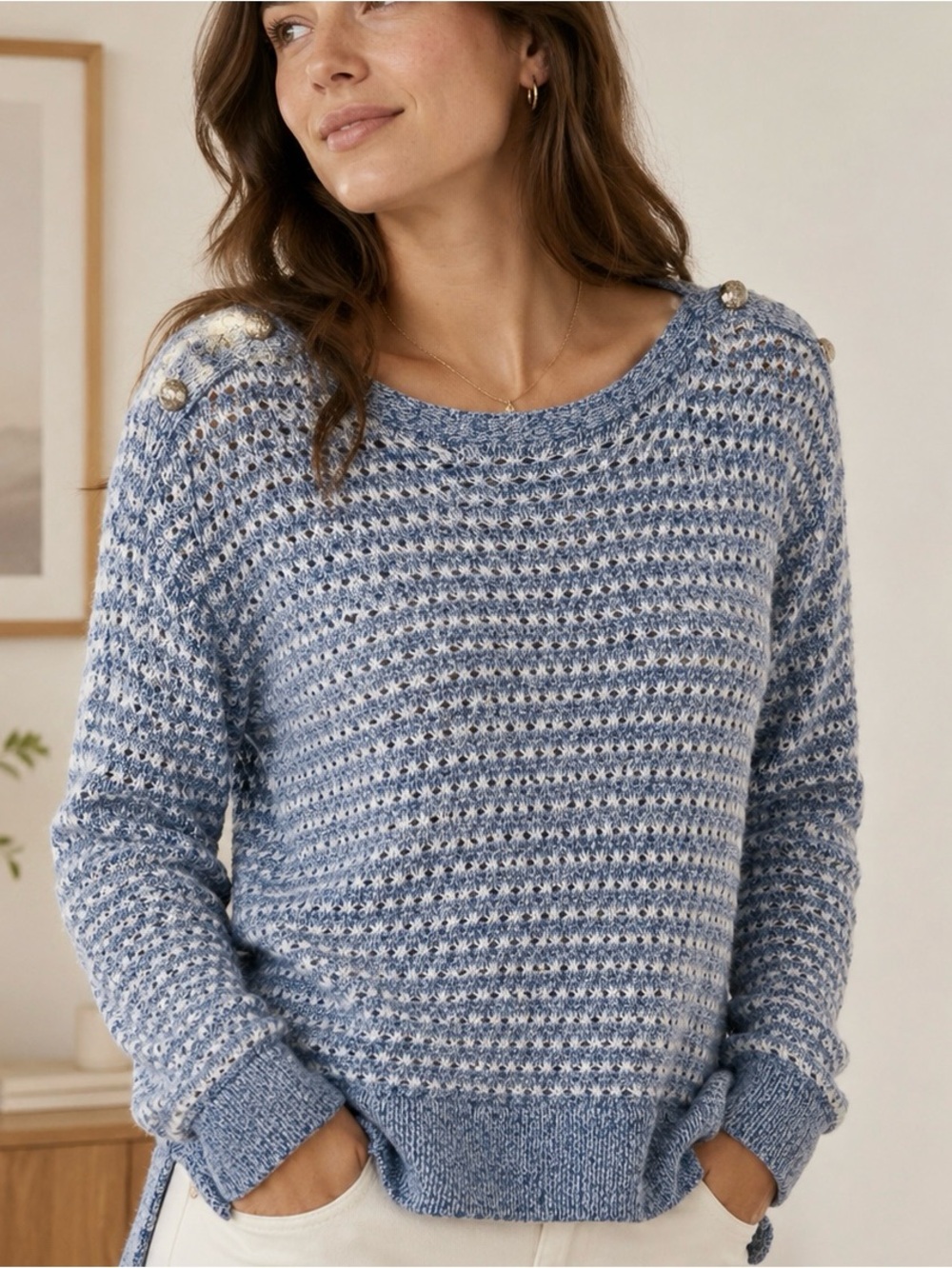 White House Black Market Blue White Button-Shoulder Knit Sweater Large Boat Neck
